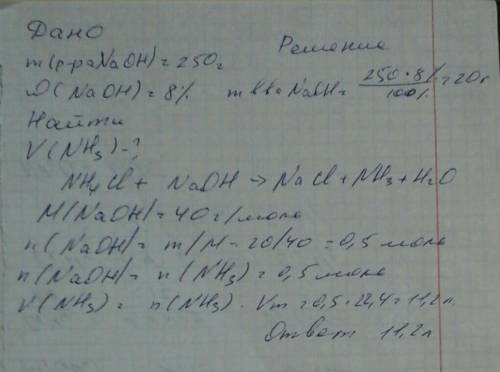 Для получения аммиака из хлорида аммония израсходовали 250 г 8% раствора гидроксида натрия. объём ам