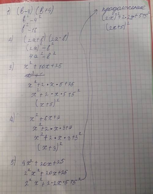Решить: (b-4)(b+4) (2a+b)(2a-b) x в квадрате+10x+25 x в квадрате+6x+9 4x в квадрате+20x+25
