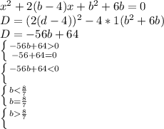 x^{2}+2(b-4)x+b^{2}+6b=0\\D=(2(d-4))^{2}-4*1(b^{2}+6b)\\D=-56b+64\\\left \{ {{-56b+640} \atop {-56+64=0}} \right.\\\left \{ {-56b+64