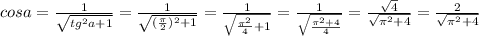 cosa=\frac{1}{\sqrt{tg^2a+1}}}=\frac{1}{\sqrt{(\frac{\pi}{2})^2+1}}}=\frac{1}{\sqrt{\frac{\pi^2}{4}+1}}}=\frac{1}{\sqrt{\frac{\pi^2+4}{4}}}}=\frac{\sqrt{4}}{\sqrt{\pi^2+4}}=\frac{2}{\sqrt{\pi^2+4}}