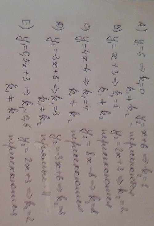 Буду выберите функции, графики которых параллельны, ответ обоснуйте: a) у=6 и у=х+6 b) у=х+3 и у=2х