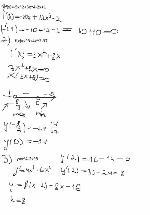 10-11 класс 1.найти значение производной функции f(x)=-5x^2+3x^4-2x+1 в точке x=1 2. найти промежут