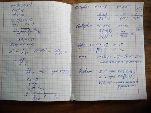 Найти интервалы монотонности и экстремумы функции y = ln (1-x^2)