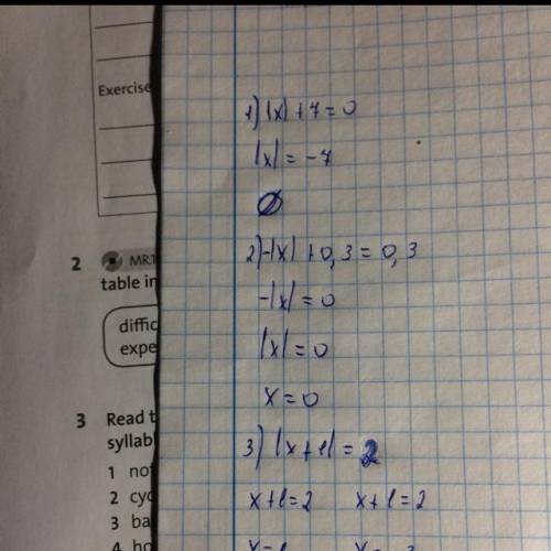 решить:|x|+7=0;-|x|+0.3=0.3;|x+1|=2