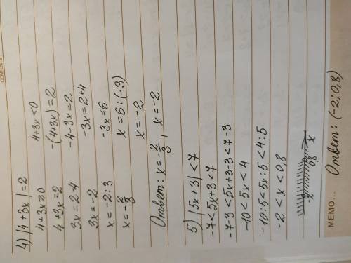 Решите неравенства: 9951) |2x +1| < 3 2) |1 - 2x| = 5;3) |3x-2| > 74) 4 + 3x| = 2;5) |5х+3|&lt