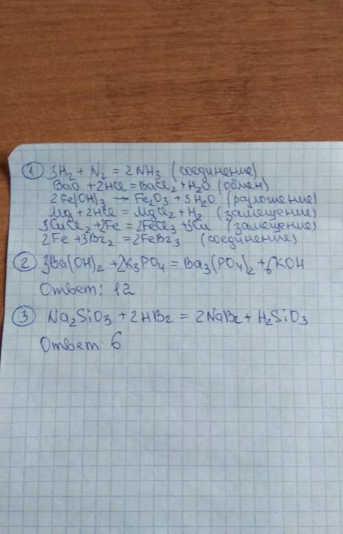 Расставьте коэффициенты в предложенных реакциях и укажите тип реакций: H2 + N2 = NH3 BaO + HCl = Ba