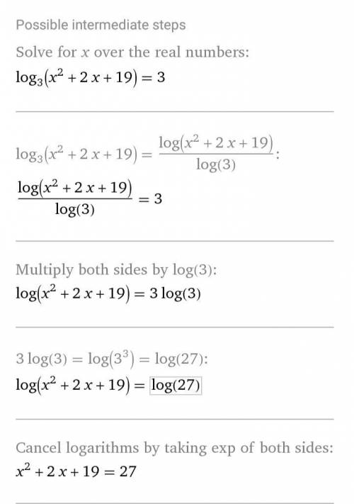 решить уравнение log3(x^2+2x+19)=3.