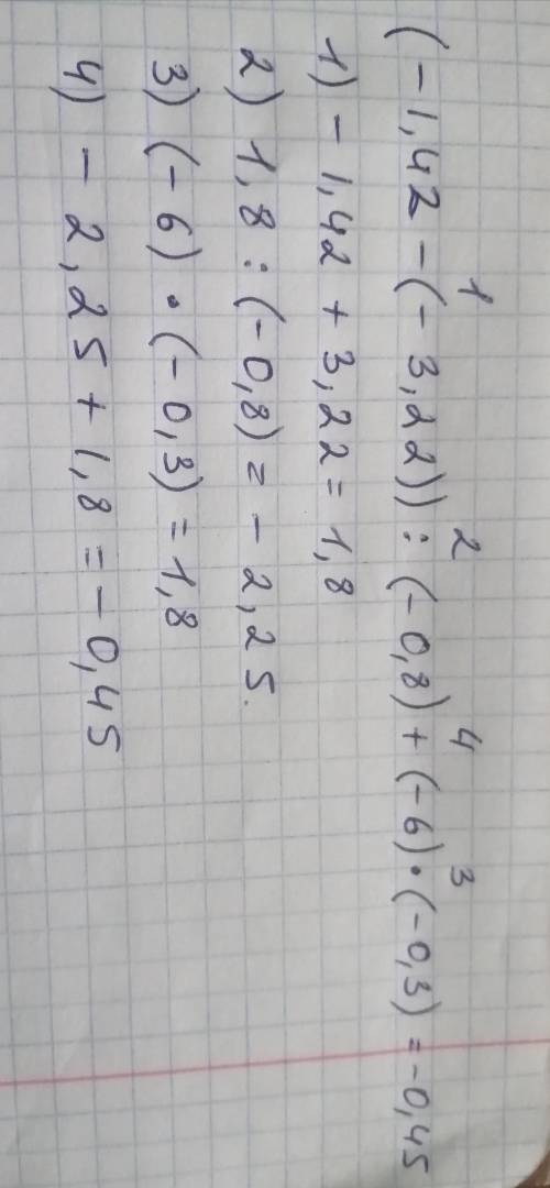 3. Найдите значение выражения: (−1,42 − (−3,22)) : (−0,8) + (−6) ⋅ (−0,3).