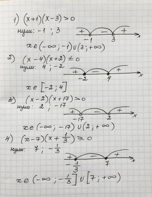 Решить неравенства методом интервалов: 1) (x + 1)(x - 3) > 0; 2) (x - 4)(x + 2) 0; 3) (x - 2)(x +