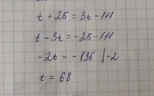 Найди корень уравнения t+25=3t−111