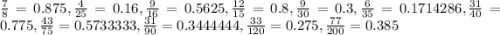 \frac{7}{8} = 0.875 , \frac{4}{25} = 0.16 , \frac{9}{16} = 0.5625 , \frac{12}{15} = 0.8, \frac{9}{30} = 0.3 , \frac{6}{35} = 0.1714286, \frac{31}{40} = 0.775 , \frac{43}{75} = 0.5733333 , \frac{31}{90} = 0.3444444 , \frac{33}{120} = 0.275 , \frac{77}{200} = 0.385