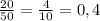 \frac{20}{50} =\frac{4}{10} =0,4