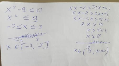 Решитк систему неравенств x^2-9<=0; 5x-2>3(x+4)
