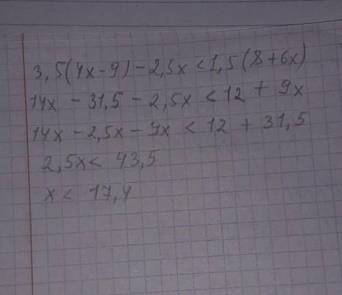 Решите неравенство: 3,5(4x-9)-2,5x<1,5(8+6x)​