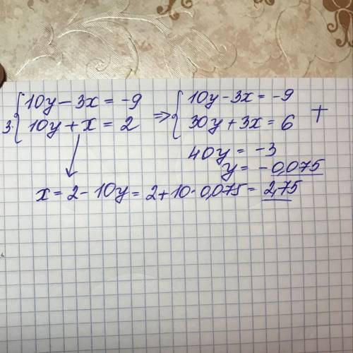 Реши методом алгебраического сложения систему уравнений. {10y−3x=−9 {10y+x=2 x=? y=?