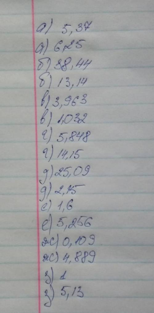 А) 5,23 + 0,14 а) 8,37 – 2,12 б) 15,04 + 23,44 б) 24,18 – 11,04 в) 1,44 + 2,523 в) 4,052 – 3,02 г) 5