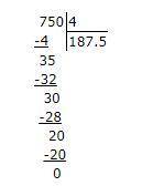750 разделить на 4 в столбик.