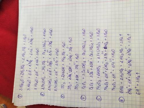 Написать уравнения реакций в молекулярной и ионной форме Na2O+H3PO4= Fe(OH)3+H2SO4= SO3+NaOH= P2O5+