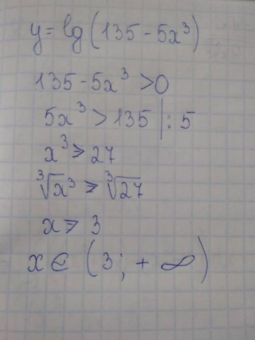 Найдите область определения функции: у=lg(135-5x^3)