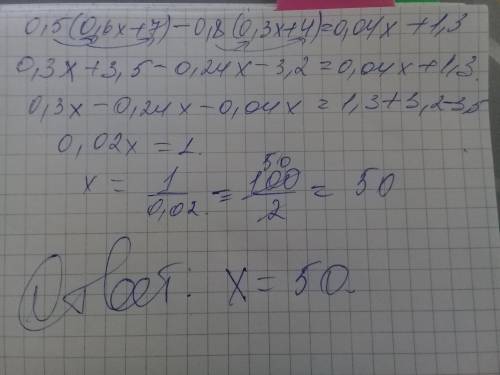 0,5*(0,6х+7)-0,8*(0,3х+4)=0,04х+1,3