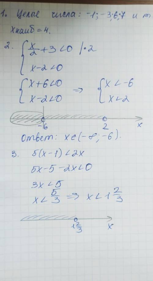 1)Наибольшее целое число х, удовлетворяющее неравенству: Х<52)решить систему неравенств:{х/2+3&lt