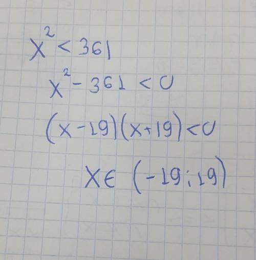 Решите неравенство x^2 < 361 В ответе укажите номер правильного варианта. 1) (−∞; −19) U (19; +∞)