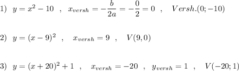 1)\ \ y=x^2-10\ \ ,\ \ x_{versh}=-\dfrac{b}{2a}=-\dfrac{0}{2}=0\ \ ,\ \ \ Versh.(0;-10)\\\\\\2)\ \ y=(x-9)^2\ \ ,\ \ \ x_{versh}=9\ \ ,\ \ \ V(9,0)\\\\\\3)\ \ y=(x+20)^2+1\ \ ,\ \ \ x_{versh}=-20\ \ ,\ \ y_{versh}=1\ \ ,\ \ \ V(-20;1)