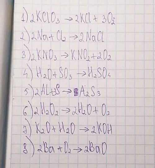 Расставьте коэффициенты в уравнениях реакций: 1) KClO3→KCl+O2 2) Na+Cl2→NaCl 3) KNO3→KNО2+O2 4) H2O+