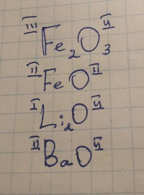 Составьте возможные формулы соединений с кислородом для элементов Fe, Li, Ba​