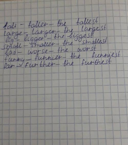 A) Complete with the comparative form of the adjectives below: Tall →large →blgsmallbodfunnyfar →​