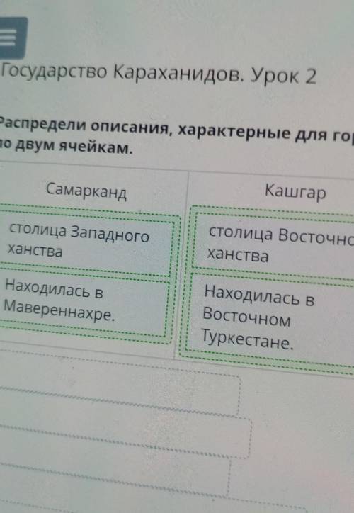 Распредели описания, характерные для городов, по двум ячейкам. СамаркандКашгарсстолица Восточного ха