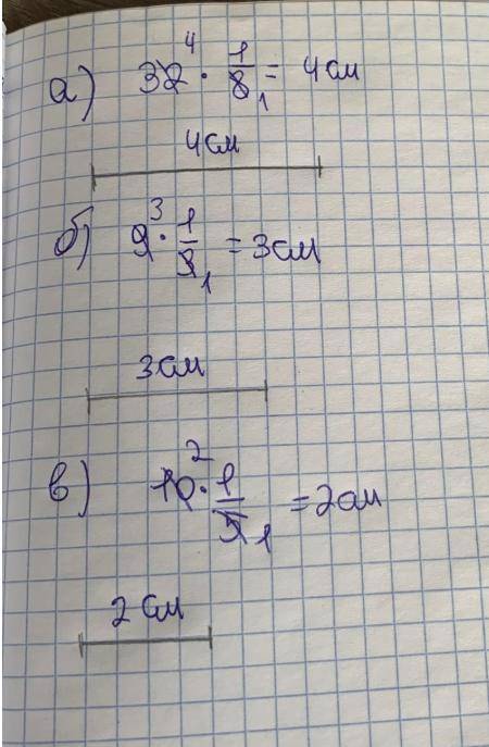 3. Начерти отрезки, длина которых составляет а) одну восьмую часть 32 см;б) одну третью часть 9 см;в