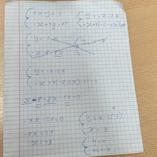 Решить систему уравнений методом подстановки:2х+у=-2-х+4у=19​