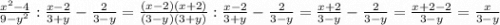 \frac{x^{2} - 4}{9 - y^{2} } : \frac{x-2}{3+y} -\frac{2}{3-y} = \frac{(x - 2)(x+2)}{(3-y)(3+y) } : \frac{x-2}{3+y} -\frac{2}{3-y} = \frac{x+2}{3-y}-\frac{2}{3-y}= \frac{x+2-2}{3-y} =\frac{x}{3-y}
