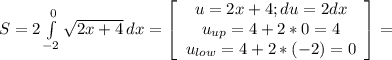 S= 2\int\limits^0_{-2} {\sqrt{2x+4} } \, dx =\left[\begin{array}{ccc}u=2x+4;du=2dx\\u_{up}=4+2*0=4\\u_{low}=4+2*(-2)=0\end{array}\right] =