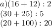 a) (16+12):2\\(30+25):5\\(20+100):20\\