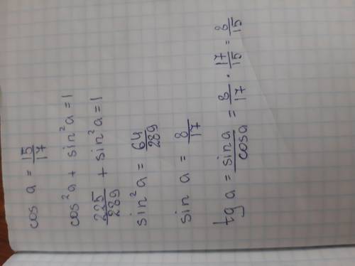 В прямоугольном треугольнике cosa=15/17Вычислите tg a​