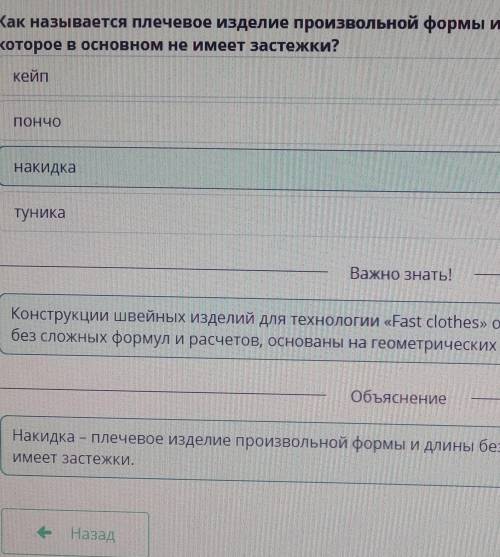 Как называется плечевое изделие произвольной формы и длины без рукавов ипройм, которое в основном не