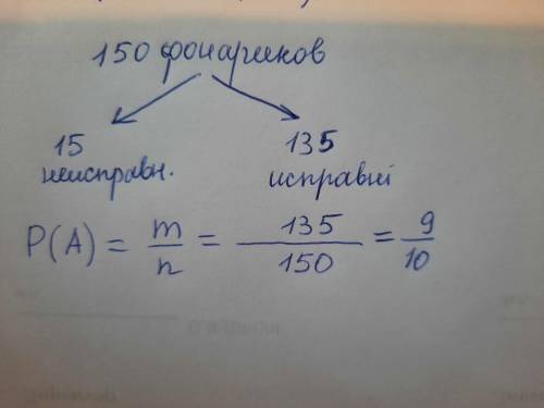 среднем из 150 карманных фонариков, поступивших в продажу, пятнадцать неисправных. Найдите вероятнос