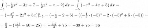 \int\limits^1_{-5} {(-\frac{1}{2}x^2-3x+7-\frac{1}{2}x^2-x-2)} \, dx =\int\limits^1_{-5} {(-x^2-4x+5)} \, dx =\\ \\ =(-\frac{x^3}{3}-2x^2+5x)|^1_{-5}=(-\frac{1}{3} -2+5)-((-\frac{1}{3}\cdot (-5)^3-2\cdot (-5)^2+5\cdot (-5))= \\ \\ = \frac{8}{3}-(\frac{125}{3}-50-25)=-\frac{117}{3}+75=-39+75=36