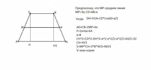 ABCD, показанный на рисунке ниже, является равносторонним. Периметр трапеции 64 см, D = 60 °. Если D