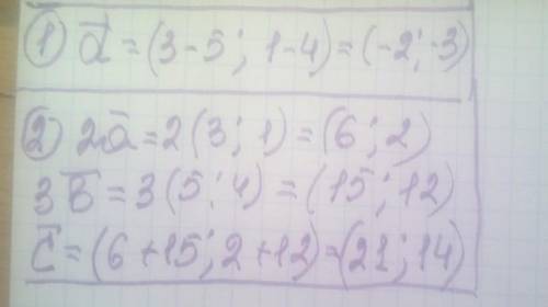 Дано: а(3;1) ь(5;4) знайдіть координати вектора: 1)d=a-b 2)c=2a+3b​