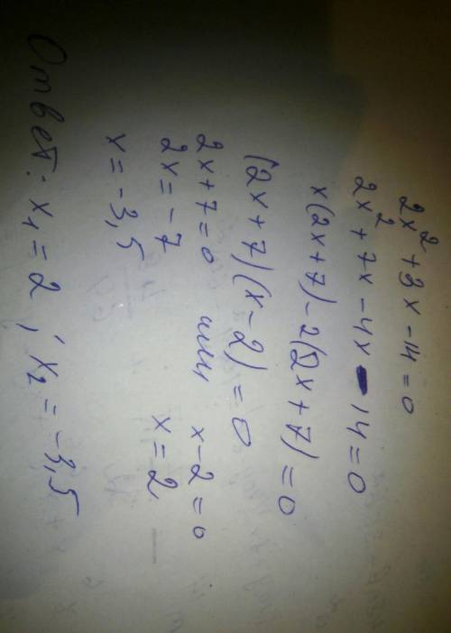 Розв’язати рівняння 2х 2 +3х ‒14 = 0.