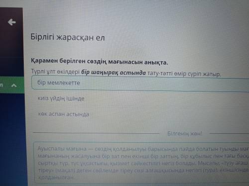 Бірлігі жарасқан ел Қарамен берілген сөздің мағынасын анықта.Түрлі ұлт өкілдері бір шаңырақ астында