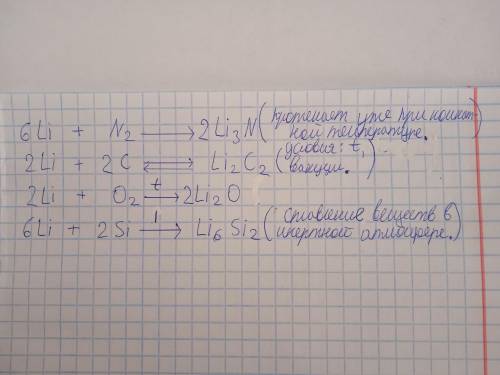 Li взаимодействует с азотом, с кремнием, с углеродом, с водородом, с кислородом (напишите уравнения