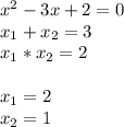 x^2-3x+2=0\\x_{1}+x_{2}=3\\x_{1}*x_{2}=2\\\\x_{1}=2\\x_{2}=1