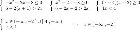 \left\{\begin{array}{l}-x^2+2x+8\leq 0\\6-2(x+1)2x\end{array}\right\ \ \left\{\begin{array}{l}x^2-2x-8\geq 0\\6-2x-22x\end{array}\right\ \ \left\{\begin{array}{l}(x-4)(x+2)\geq 0\\4x