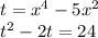 t=x^4-5x^2 \\ t^2-2t=24