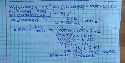 Яку масу глюкози треба додати до 400г 2% розчину, щоб одержати 5% розчин