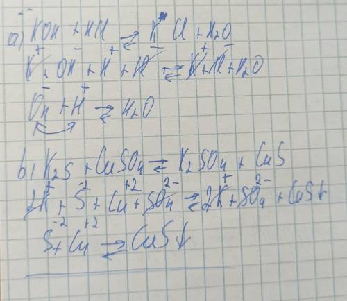Составьте полные и сокращенные ионные уравнения реакции а)КОН+НСl=b) K2S+CuSO4